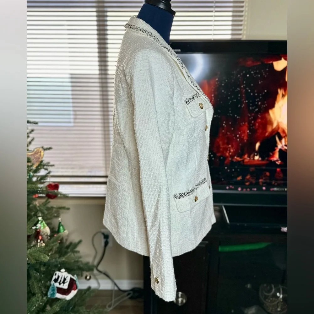 EUC Talbots Cream Tweed Blazer w/ Fringe Trim